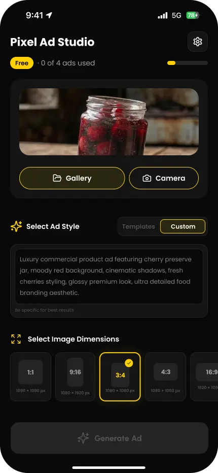 PixelAd app: generated product ad preview